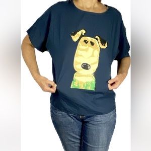 NWOT Cotton Dog scrub shirt puppy cartoon dog graphic raw hem sleeves popover